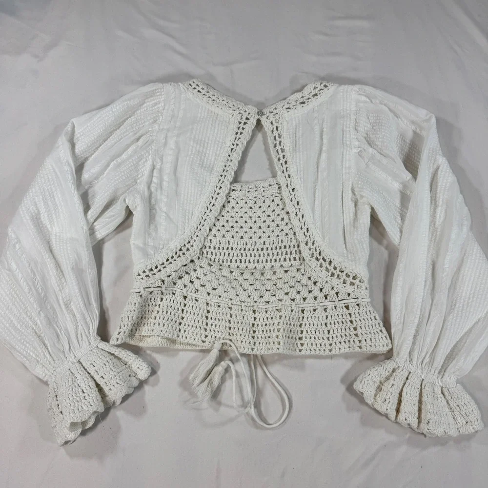 Free People Megan Crochet Top Size‎ XS Ivory Puff Sleeves Open Back Boho Whimsy